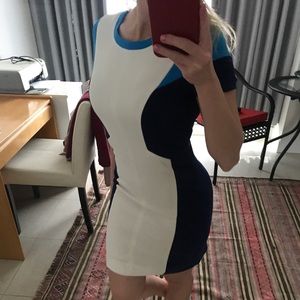 Blue block patterned white dress with gold zipper